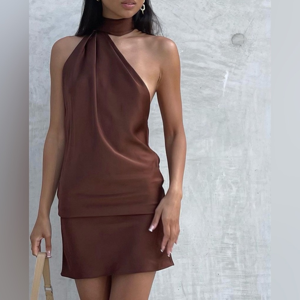 New Rat & Boa Serafia Cocoa Brown Mini Dress XS Satin Neck Scarf Rare Classy
